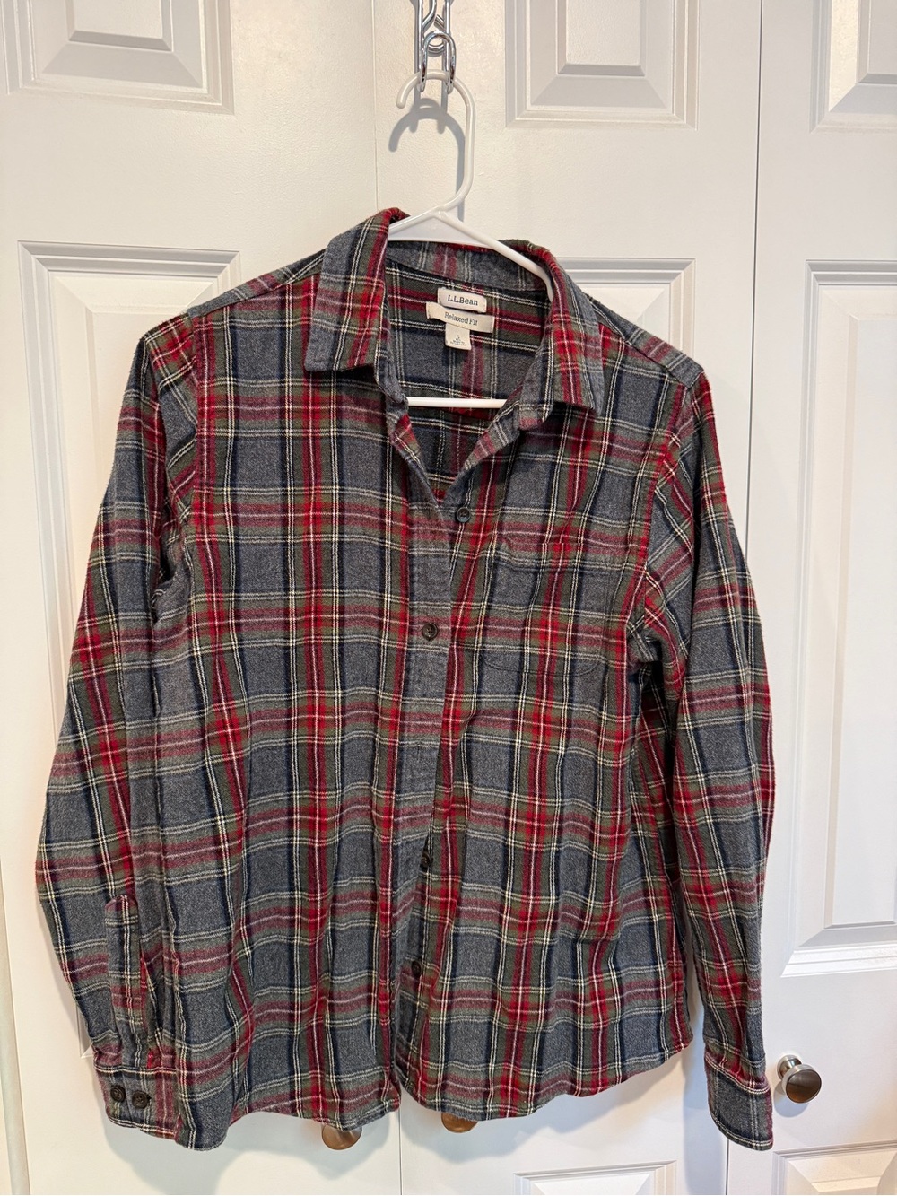 L.L. Bean Gray and Red Plaid Button-Down Shirt
